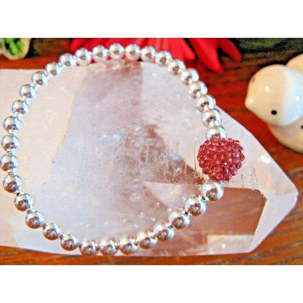 New Rustic Iridescent Deep Pink Heart Crystal Cuff Beaded Bracelet - 8”